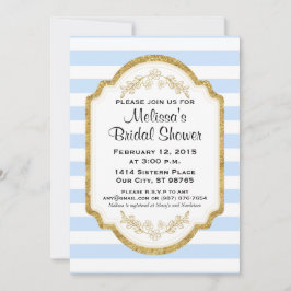カスタムなブライダルシャワーの招待、青い縞、金ゴールド 招待状