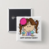 カスタムなブルネットの女の子の誕生日ボタン 缶バッジ (正面&裏面)