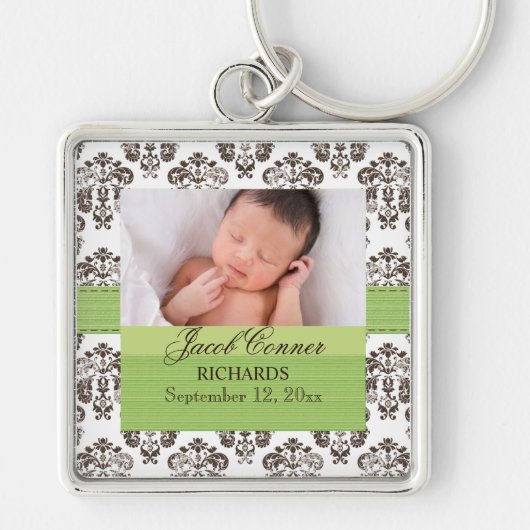 カスタムなベビーのダマスク織の写真Keychain緑のブラウン キーホルダー (正面)