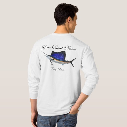 カスタムなボートの名前のSailfishの魚釣りのTシャツ Tシャツ (裏面フル)