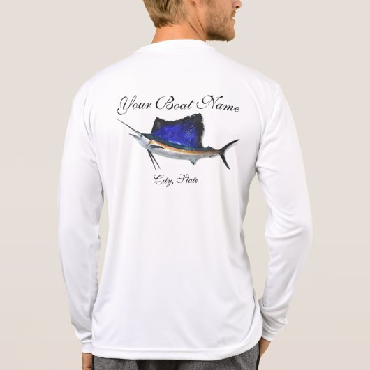 カスタムなボートの名前のSailfishの魚釣りのTシャツ Tシャツ (裏面)