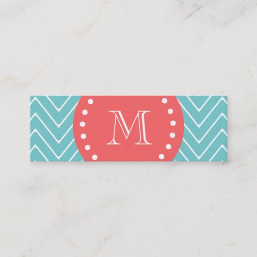 カスタムなモノグラムが付いているティール（緑がかった色）そして珊瑚のシェブロン スキニー名刺 (正面)