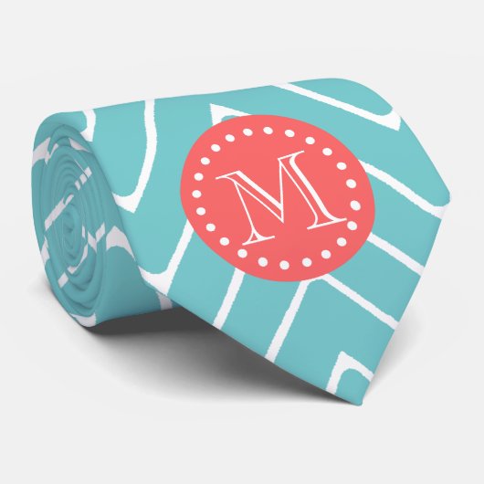 カスタムなモノグラムが付いているティール(緑がかった色)そして珊瑚のシェブロン ネクタイ (ロール)