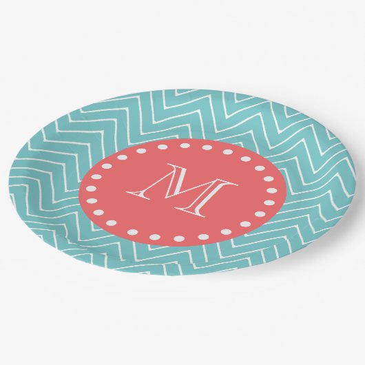 カスタムなモノグラムが付いているティール（緑がかった色）そして珊瑚のシェブロン ペーパープレート (アングル)