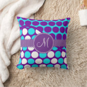 カスタムなモノグラムのイニシャルのティール（緑がかった色）の紫色の水玉模様 クッション (ブランケット)