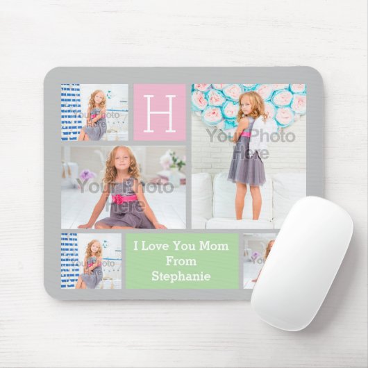 カスタムなモノグラムの写真のコラージュのピンクか緑または灰色 マウスパッド (マウス)