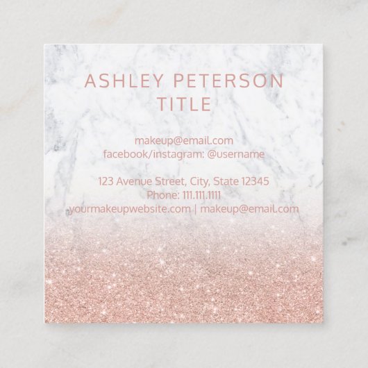 カスタムなロゴのモダンのばら色の金ゴールドのグリッターの白の大理石 スクエア名刺 (裏面)