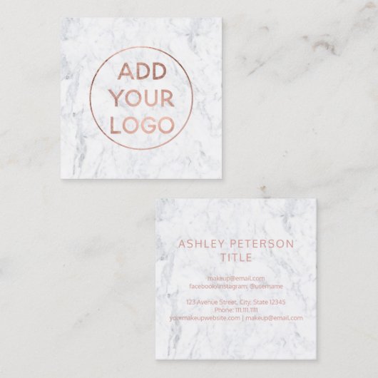 カスタムなロゴのモダンのばら色の金ゴールドのシックで白い大理石 スクエア名刺 (正面/裏面)