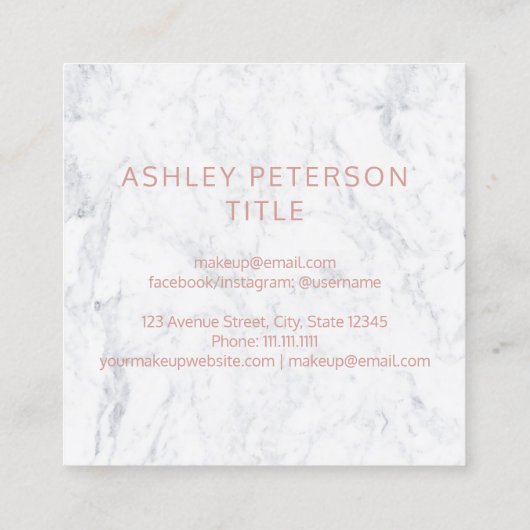 カスタムなロゴのモダンのばら色の金ゴールドのシックで白い大理石 スクエア名刺 (裏面)