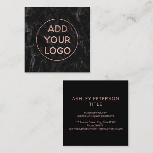 カスタムなロゴのモダンのばら色の金ゴールドのシックで黒い大理石 スクエア名刺 (正面/裏面)