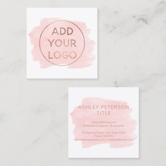 カスタムなロゴのモダンのばら色の金ゴールドのピンクの水彩画 スクエア名刺 (正面/裏面)