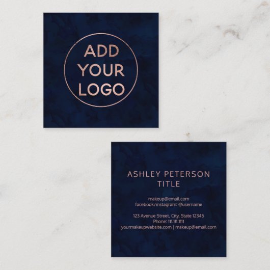 カスタムなロゴのモダンのばら色の金ゴールドの濃紺の水彩画 スクエア名刺 (正面/裏面)