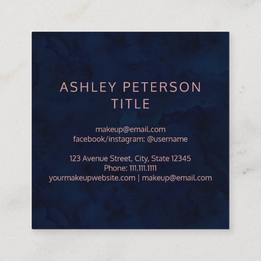カスタムなロゴのモダンのばら色の金ゴールドの濃紺の水彩画 スクエア名刺 (裏面)