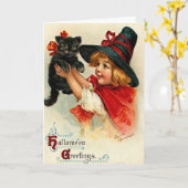 カスタムなヴィンテージの小さい魔法使いおよび黒猫 カード (黄色い花)