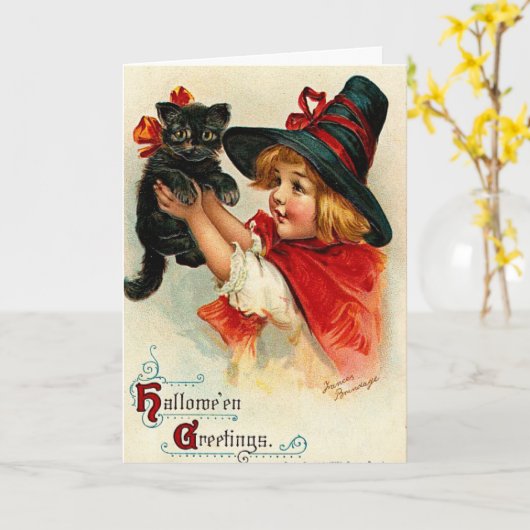 カスタムなヴィンテージの小さい魔法使いおよび黒猫 カード (黄色い花)