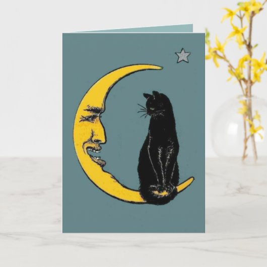 カスタムなヴィンテージの月及び黒猫のハロウィンの誕生日 カード (黄色い花)