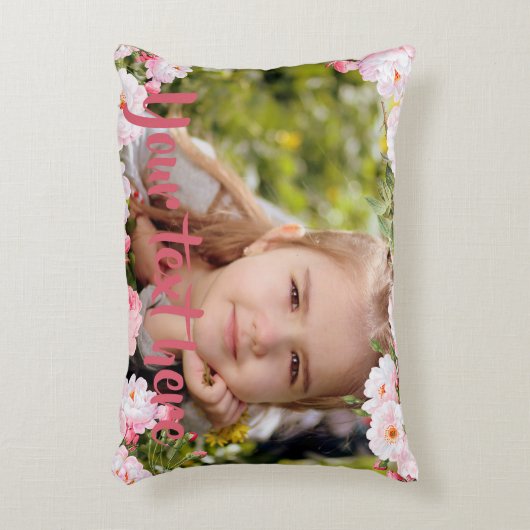 カスタムな写真および文字のピンクの桜のボーダー アクセントクッション (正面(垂直))