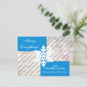 カスタムな写真が付いている青い雪片の休日カード シーズンポストカード (スタンド正面)