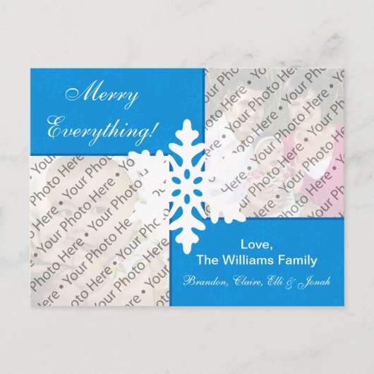 カスタムな写真が付いている青い雪片の休日カード シーズンポストカード (正面)