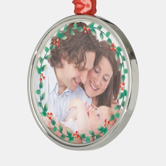 カスタムな写真のエレガントなヒイラギのリース メタルオーナメント (左)