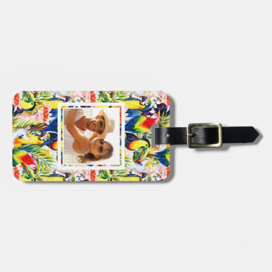 カスタムな写真のオウムおよびシュロの葉 ラゲッジタグ (正面横)
