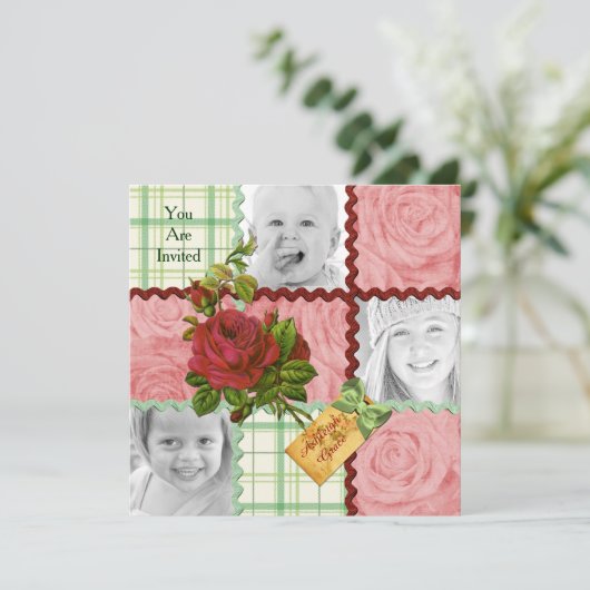 カスタムな写真のキルトのブロックの赤いピンクのバラの緑の格子縞 招待状 (スタンド正面)