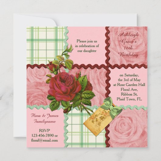 カスタムな写真のキルトのブロックの赤いピンクのバラの緑の格子縞 招待状 (裏面)