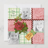 カスタムな写真のキルトのブロックの赤いピンクのバラの緑の格子縞 招待状 (正面)