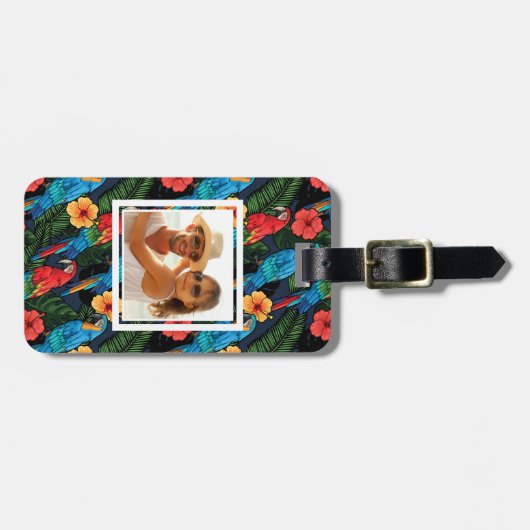 カスタムな写真のコンゴウインコおよびハイビスカスパターン ラゲッジタグ (正面横)