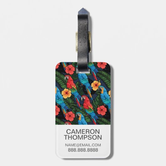 カスタムな写真のコンゴウインコおよびハイビスカスパターン ラゲッジタグ (裏面縦)