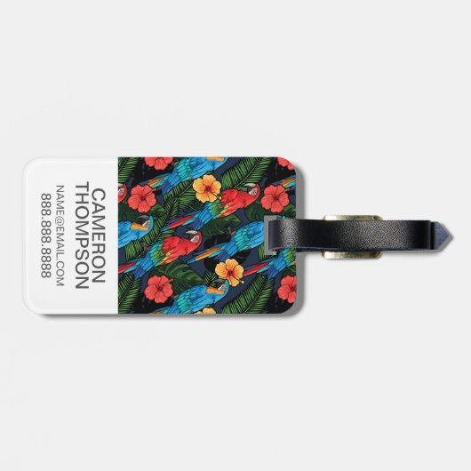 カスタムな写真のコンゴウインコおよびハイビスカスパターン ラゲッジタグ (裏面横)