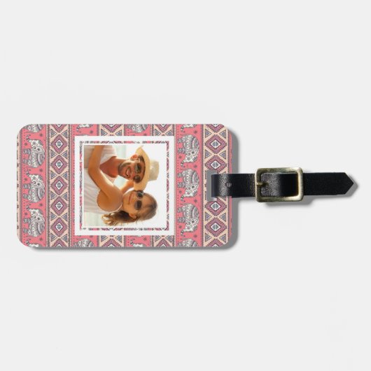カスタムな写真のピンク民族象パターン ラゲッジタグ (正面横)
