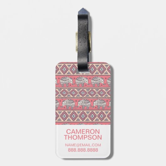 カスタムな写真のピンク民族象パターン ラゲッジタグ (裏面縦)
