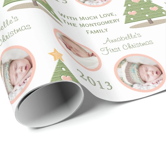 カスタムな写真の初めてのクリスマスの木のピンクのハート ラッピングペーパー (ロールコーナー)