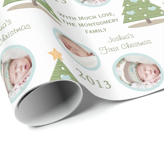 カスタムな写真の初めてのクリスマスの木の青のハート ラッピングペーパー (ロールコーナー)