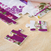 カスタムな写真の文字の紫色のリボンの花柄フレーム ジグソーパズル (側面)