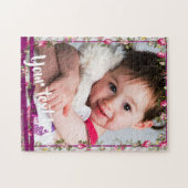 カスタムな写真の文字の紫色のリボンの花柄フレーム ジグソーパズル (横)