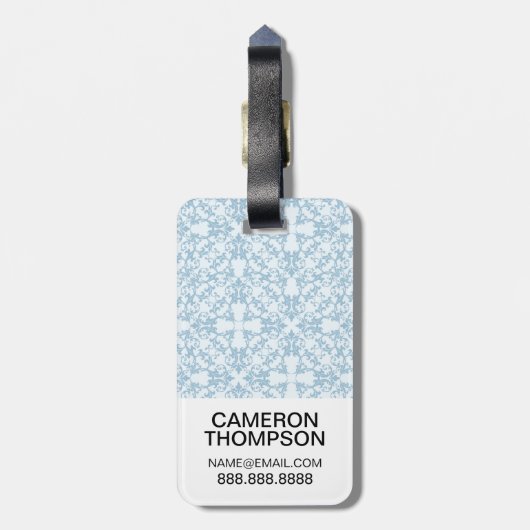 カスタムな写真の淡いブルーのダマスク織 ラゲッジタグ (裏面縦)