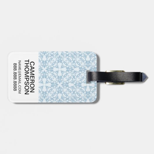 カスタムな写真の淡いブルーのダマスク織 ラゲッジタグ (裏面横)