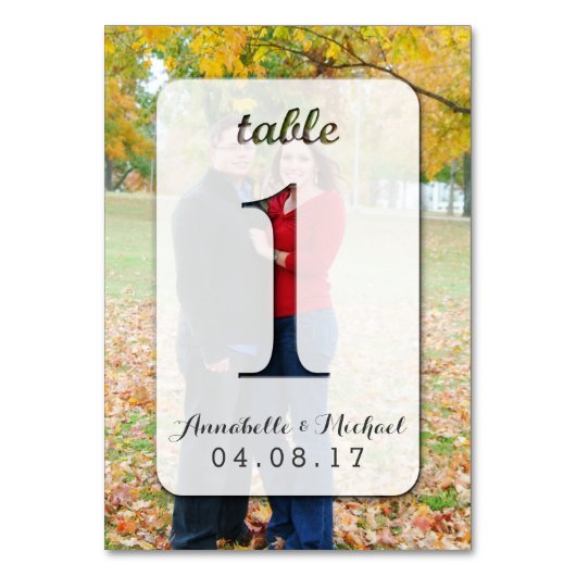 カスタムな写真の結婚式のテーブル数カード1 テーブルナンバー (正面)