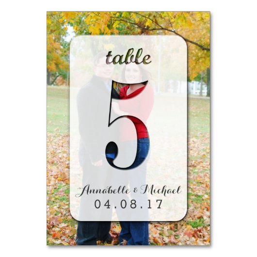 カスタムな写真の結婚式のテーブル数カード5 テーブルナンバー (正面)