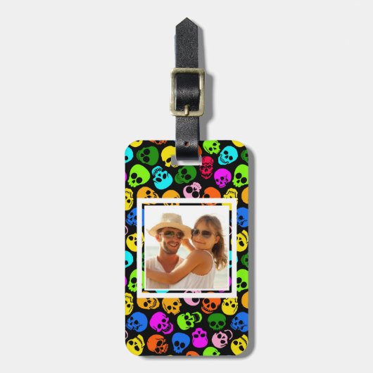 カスタムな写真の黒のカラフルなスカルパターン ラゲッジタグ (正面縦)