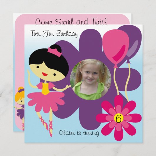カスタムな写真の黒髪のバレリーナの誕生日の招待 招待状 (正面/裏面)