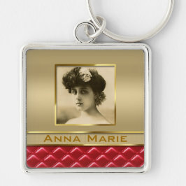 カスタムな写真フレームのフェイクな金ゴールドによってキルトにされる赤い革 キーホルダー