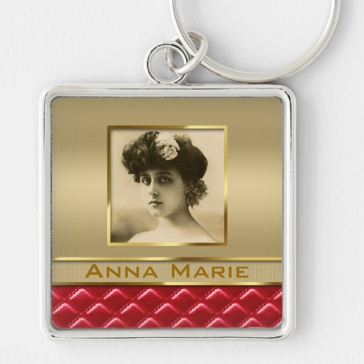 カスタムな写真フレームのフェイクな金ゴールドによってキルトにされる赤い革 キーホルダー (正面)