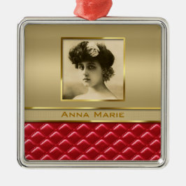 カスタムな写真フレームのフェイクな金ゴールドによってキルトにされる赤い革 メタルオーナメント