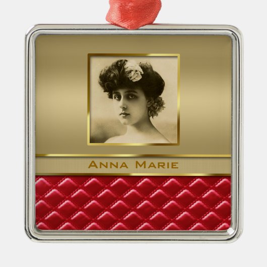 カスタムな写真フレームのフェイクな金ゴールドによってキルトにされる赤い革 メタルオーナメント (正面)