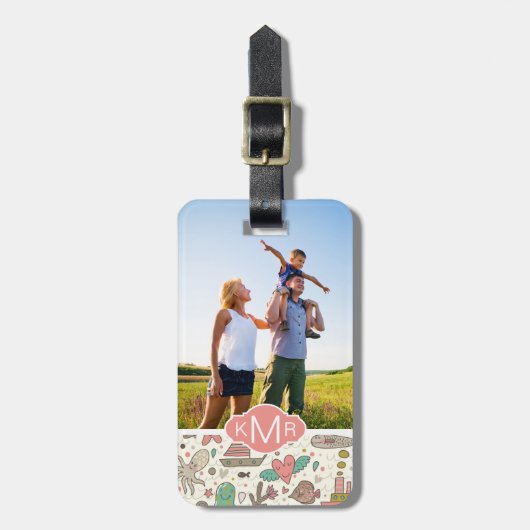 カスタムな写真及びモノグラムの夏の船パターン ラゲッジタグ (正面縦)