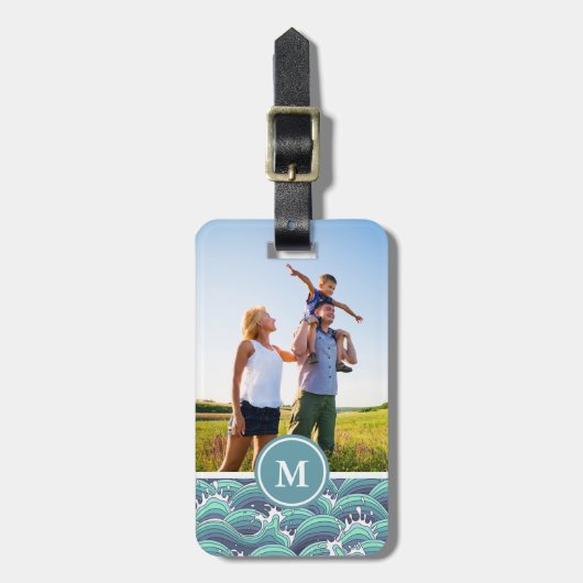 カスタムな写真及びモノグラムの装飾的な海の波 ラゲッジタグ (正面縦)