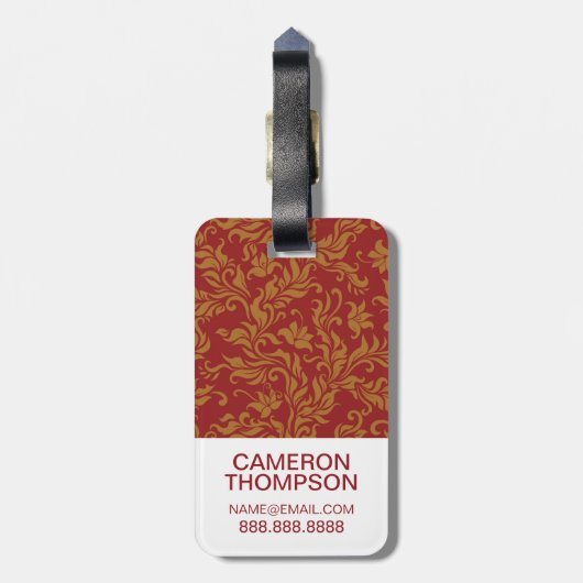 カスタムな写真及びモノグラムの赤及び金ゴールドの花柄パターン ラゲッジタグ (裏面縦)